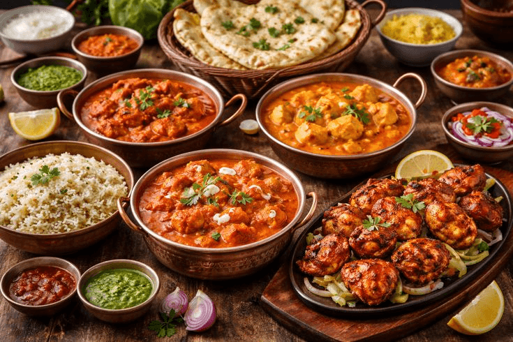 Indian catering feast with curries, rice, naan and tandoori